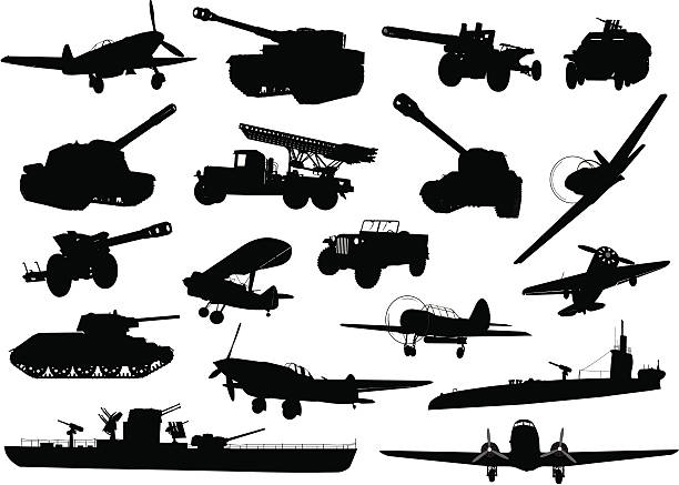 Military High detailed World War 2 military silhouettes set. Vector Tank stock illustrations