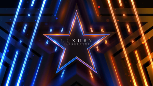 istock Black star with blue light and gold motion effects and bokeh decorations. 1593708761