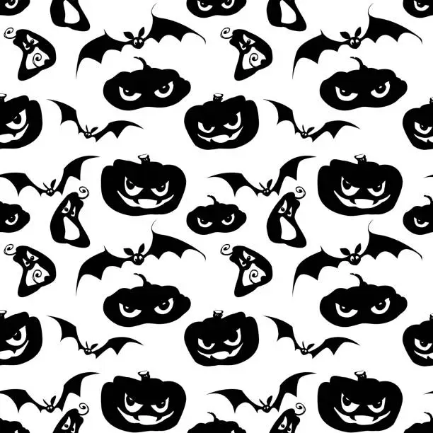 Vector illustration of Halloween concept in cartoon style. Seamless abstract white background with spooky pumpkins and bats. Creative black and white background for drawing, printing.