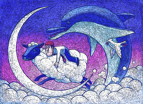 digital painting / raster illustration of man riding sheep and jumping over crescent moon