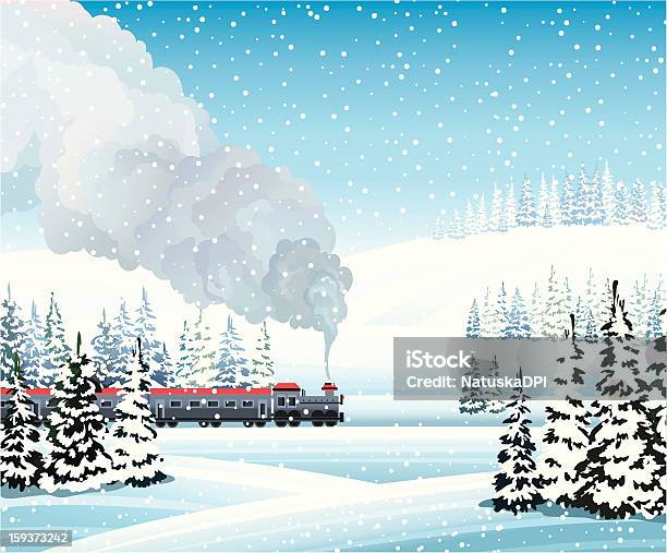 Treina Com Fumaça E Paisagem De Inverno - Arte vetorial de stock e mais imagens de Comboio - Comboio, Neve, Inverno
