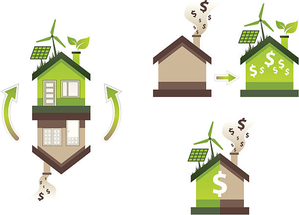 дом flipping от коричневый эко зеленый - insulation house currency home interior stock illustrations