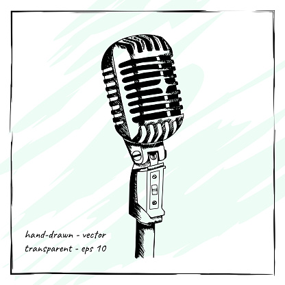 Hand-drawn vector illustration of a retro microphone. Old-fashioned mic.