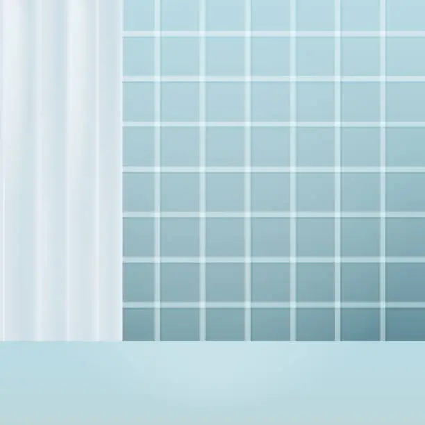 Vector illustration of 3d background with desk and curtain in the bathroom