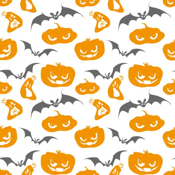 Vector illustration of Halloween concept in cartoon style. Seamless abstract white background with spooky pumpkins and bats. Creative festive background for application, printing.