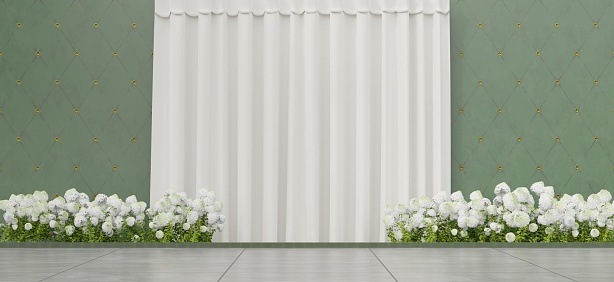 wedding scene Decorated with white flowers performance stage backdrop 3d illustration