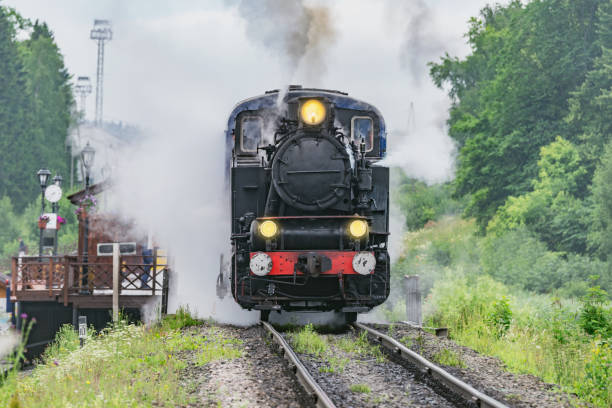 istock Retro steam train approaches to the platform. 1593793314