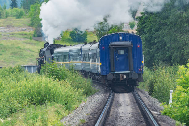 istock Retro steam train moves away. 1593799630