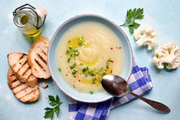 istock Cauliflower potato soup. Top view with copy space. 1593814296