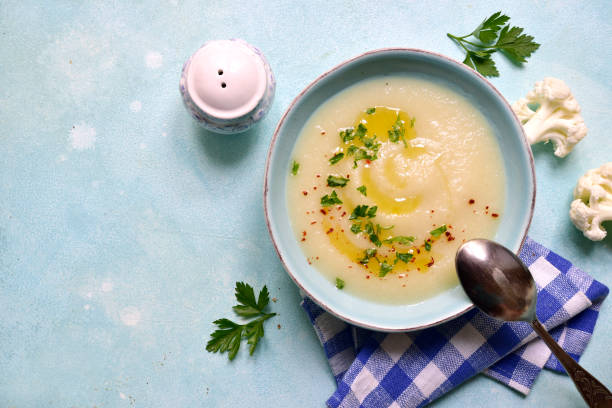 istock Cauliflower potato soup. Top view with copy space. 1593814300