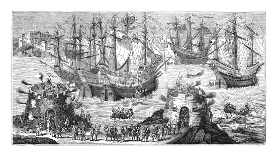 Vintage engraved illustration - The embarkation of Henry VIII (King of England) at Dover 31 May 1520