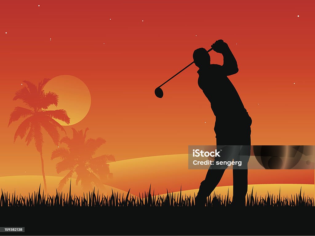 Golf gracz w Zachód słońca - Grafika wektorowa royalty-free (Zachód słońca)