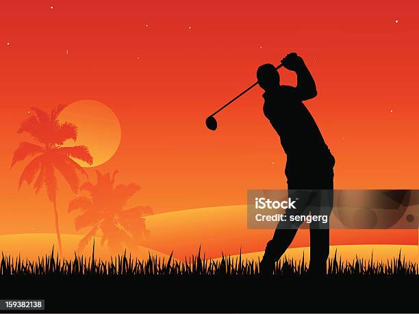 Jogador De Golfe No Pôr Do Sol - Arte vetorial de stock e mais imagens de Pôr-do-sol - Pôr-do-sol, Golfe, Reforma - Assunto