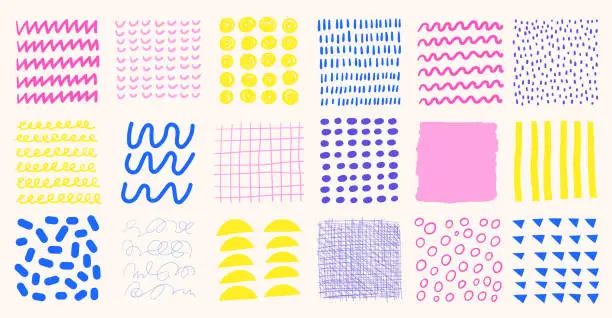 Vector illustration of Doodle shapes big set. Cute hand drawn elements with stripes, dots, lines, swirls, waves. Patterns for kids.