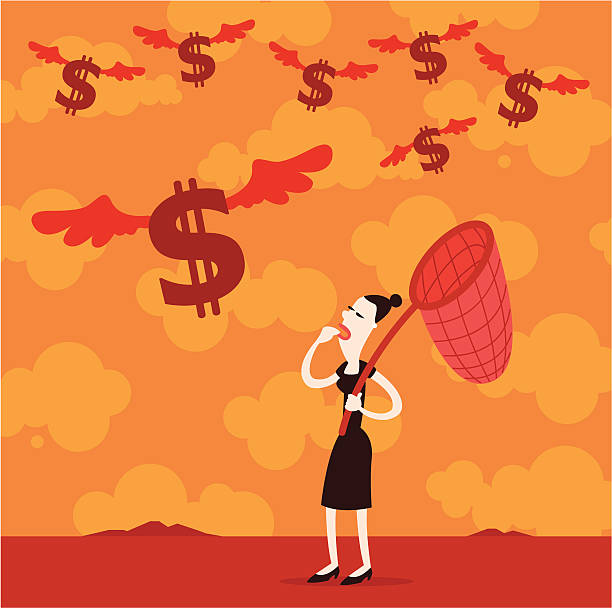 Dollar Catcher Businesswomann getting ready to catch the dollar symbols flying in the air just like butterflies or birds. woman catching butterflies stock illustrations