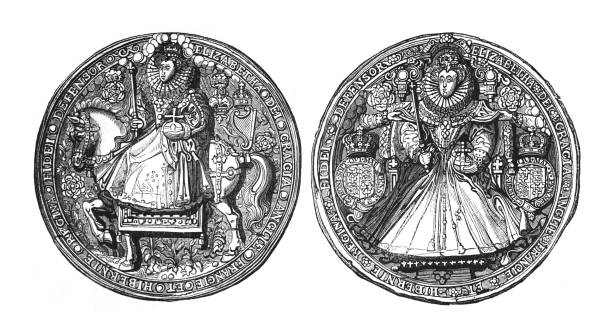 great seal of elizabeth i - queen of england (1558-1603) - vintage engraved illustration isolated on white background - queen elizabeth 幅插畫檔、美工圖案、卡通及圖標