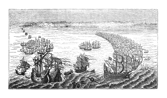 Vintage engraved illustration - The sapnish armada attacked by the english fleet