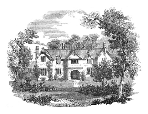 Vintage engraved illustration - 16th century Hayes farm (Devonshire) birthplace of Sir Walter Raleigh