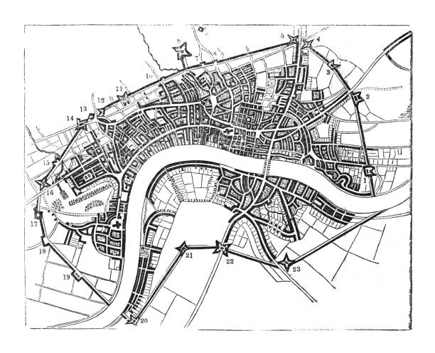 ilustrações, clipart, desenhos animados e ícones de plano da cidade e subúrbios de londres em 1643 - ilustração vintage gravada - thames river illustrations