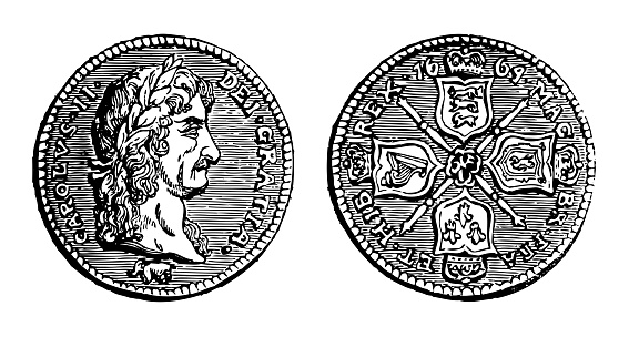 Vintage engraved illustration isolated on white background - Guinea coin of Charles II (1660-1685) King of England and Scotland