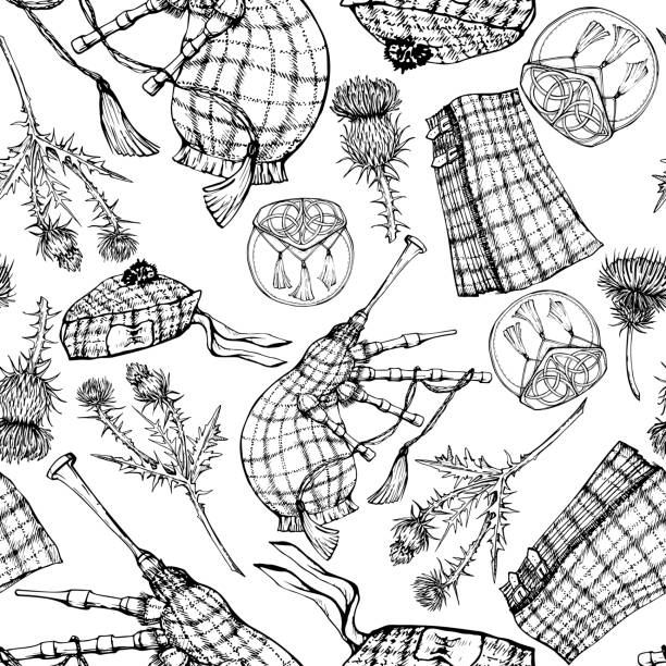 Ink hand drawn graphic vector sketch. Seamless pattern with scottish symbol objects. Traditional menswear, tartan kilt beret sporran pouch bagpipes. Design for wallpaper, print, paper, textile, fabric Ink hand drawn graphic vector sketch. Seamless pattern with scottish symbol objects. Traditional menswear, tartan kilt beret sporran pouch bagpipes. Design for wallpaper, print, textile, paper, fabric sporran stock illustrations