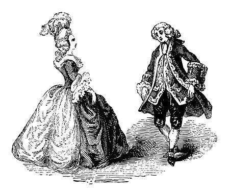Vintage engraved illustration - Minuet (a social dance of French origin for two people) from the 18th century