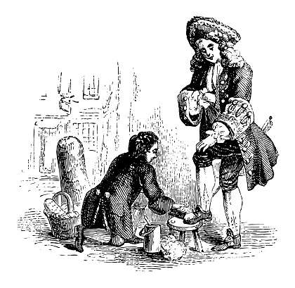 Vintage engraved illustration - Shoeshiner or boot polisher - boy who cleans and buffs shoes