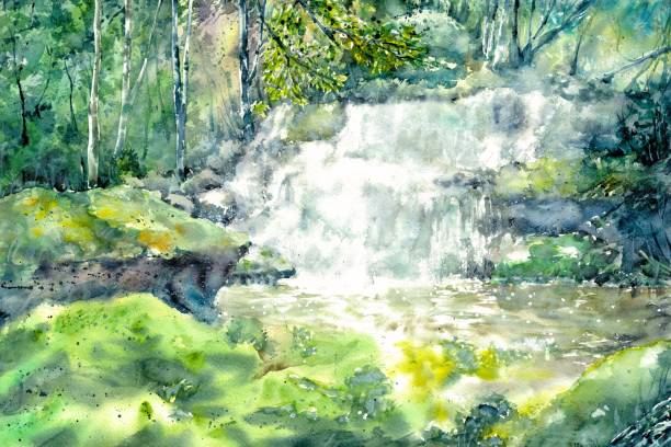 istock Waterfall in Forest Nature Hand drawn Watercolor Painting 1593891349