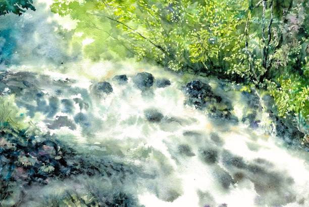 istock Waterfall Large Nature Hand drawn Watercolor Painting 1593891391