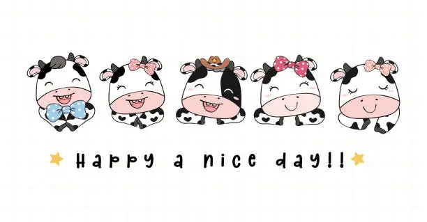 Vector illustration of Group of Happy Cartoon Calf Friends. Cute Baby Cows in Playful Illustration banner.