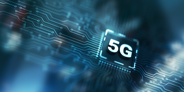 Digital 5G and Internet Telecommunication concept on circuit board.