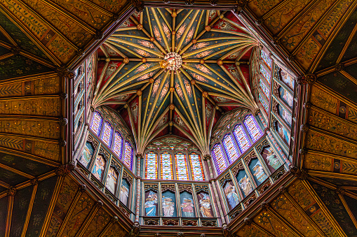 Ely UK 30th July 2023\nBeautiful view of the Octagon Tower, looking up at the 14th century work of art. It is a medieval wonder of the world.