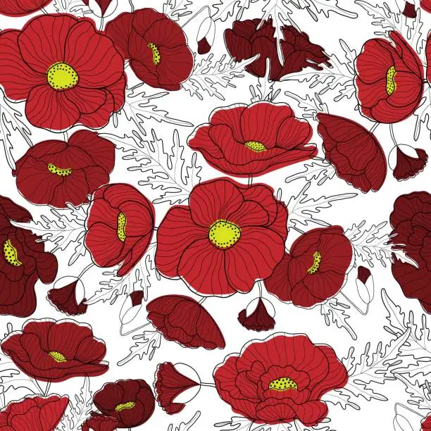 Vector illustration of Flowers seamless pattern. Red poppies on white background. Floral print for textile, wallpapers, fabric and wrapping paper.