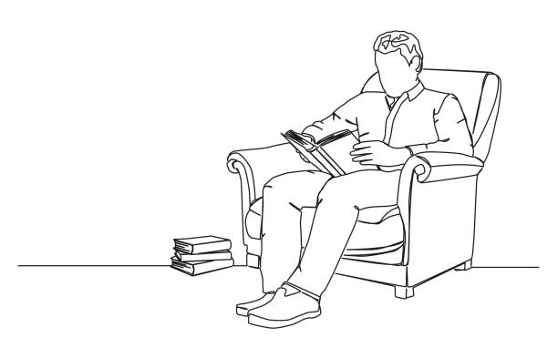 single line drawing of man sitting in armchair reading a book continuous single line drawing of man sitting in armchair reading a book, line art vector illustration man sitting alone drawing stock illustrations
