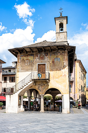 Italy Piedmont : downtown of Orta San Giulio village, on the shore of Lake Orta, in Northern Italy (great lakes region). July 22, 2023.