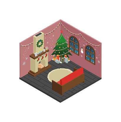 Christmas Home, Christmas Decorated Room. Isometric vector illustration.