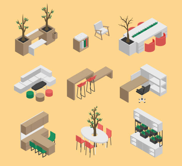 Scandinavian office furniture Isometric Scandinavian office furniture. Isometric vector illustration.. couch side view stock illustrations
