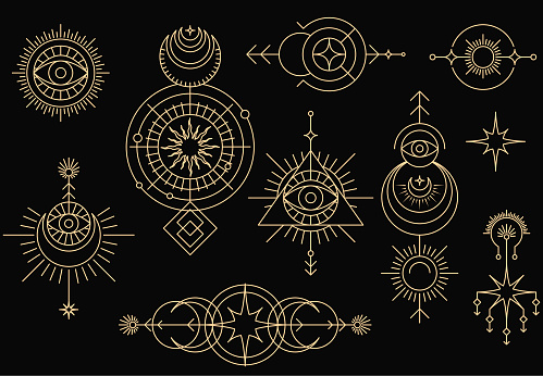 Set of mystical magic symbols, occult tarot signs and spiritual emblems with sun, moon and stars, all-seeing eye, tribal marks, vector