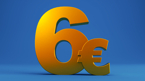 3D render of gold six euros isolated on white background, golden european money 6 euros