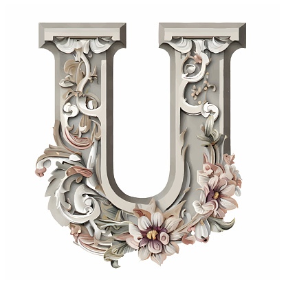 Luxury capital letter u decorated with flowers. Decorative capital letter u with floral ornament. 3D rendering isolated on white background