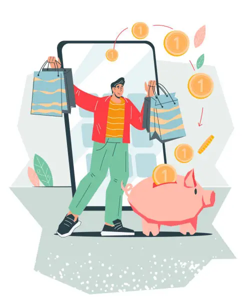 Vector illustration of Man receiving cashback for online shopping or money transfer, isolated vector.