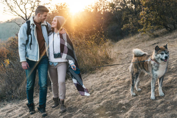 istock Couple enjoying a sunny Autumn day with dog 1594048366