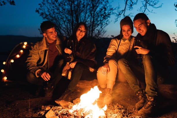 istock Group of friends having a fun next to campfire 1594049965