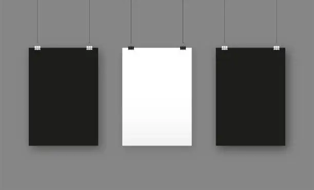 Vector illustration of Black and white blank posters hanging with paper clips. A4 paper page, sheet on wall