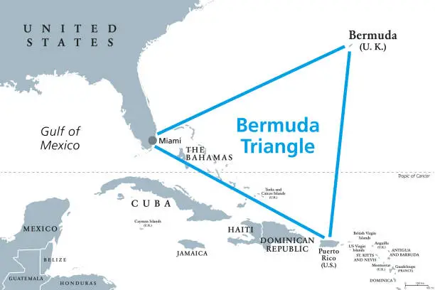 Vector illustration of The Bermuda Triangle or also Devils Triangle, gray political map