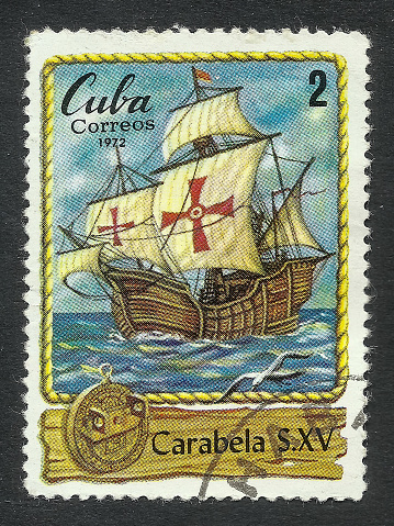 A 1972 Cuban postage stamp depicting a 15th century caravel.