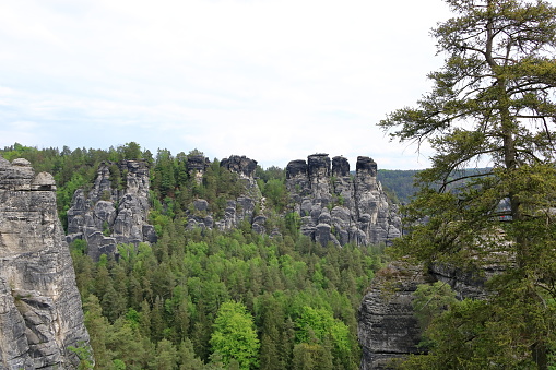 Rock formations of the Elbe sandstone mountains around the Bastei bridge in Saxony in Germany