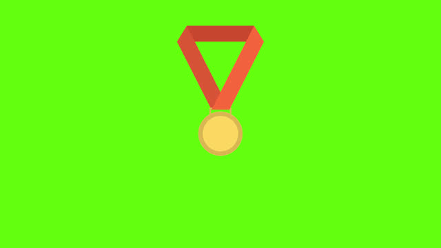 A shiny gold medal. Top winner with first prize. Sports award for a champion. Winning a competition. Success, victory, triumph. Moment of glory. The greatest achievement. 2d animation. Chroma key