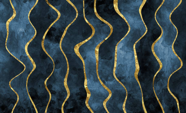 istock Modern wall decor wallpaper. 3d abstract, golden wavy lines and marble on dark blue background 1594072063