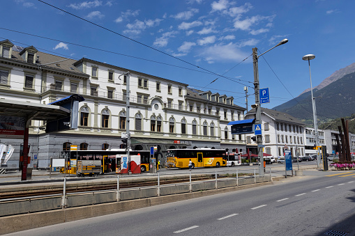 Brig, Switzerland, 17 July 2023: View of the main train station in the city of Brig in Switzerland. It is an important railway junction in the municipality of Brig-Glis, in the canton of Valais.